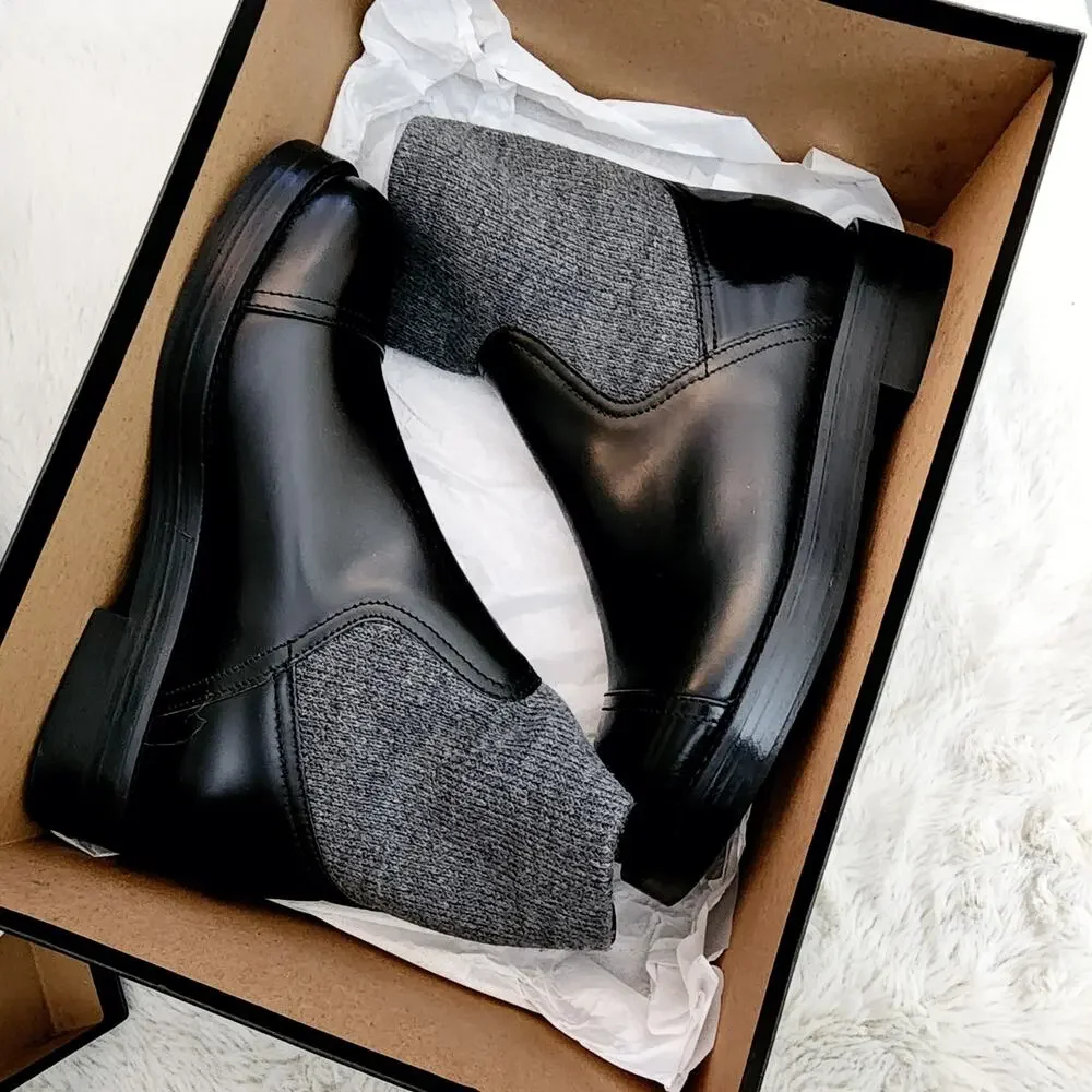 J.Crew Black Italian Leather Ribbed Knit Cuff Ankle Boots NIB NWT Size 8 BM708